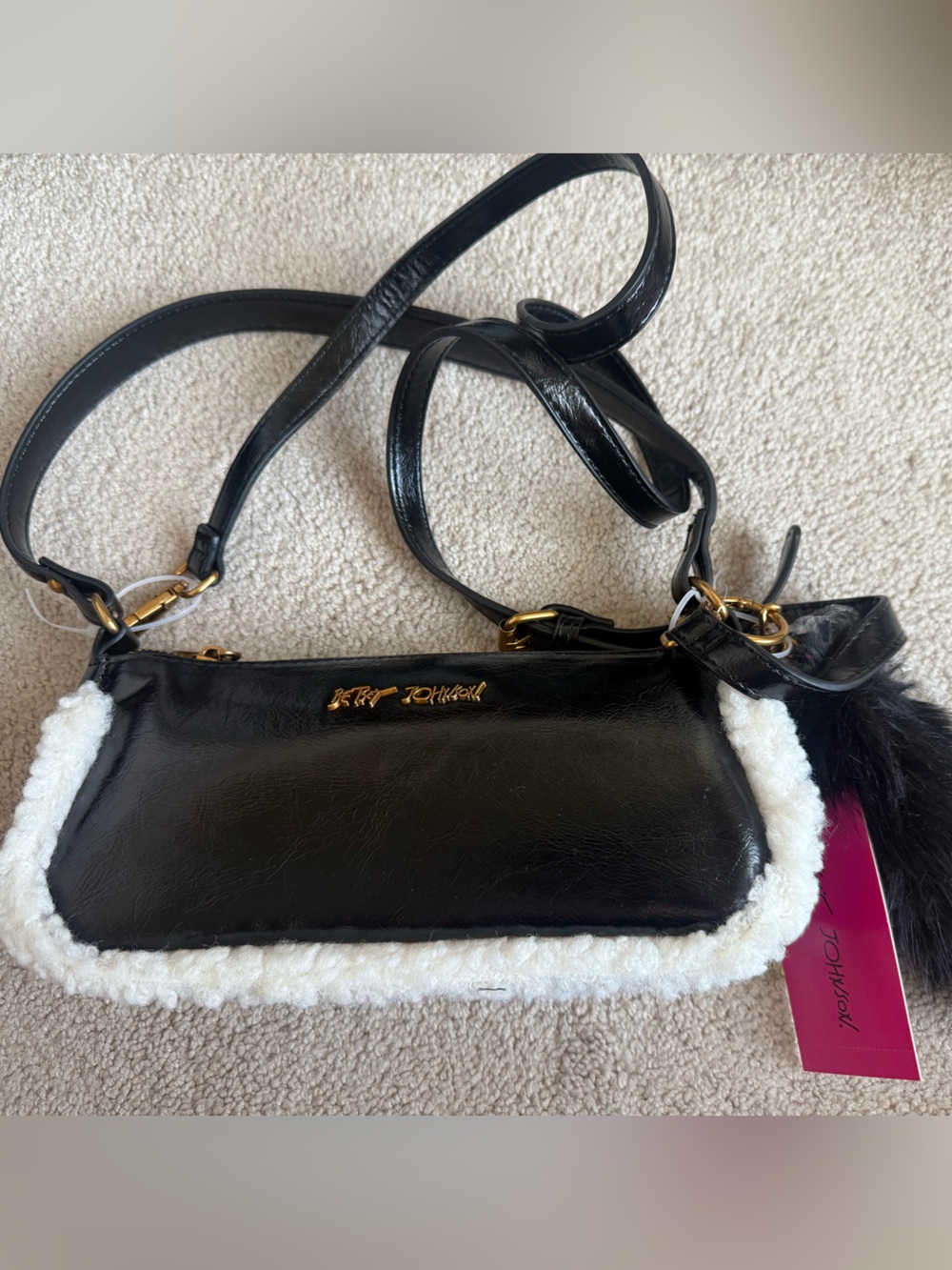 Betsey Johnson Black Faux Leather Crossbody Bag with White Sherpa Faux Fur Trim